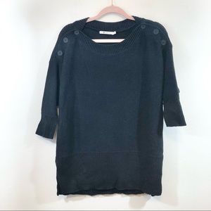 T By ALEXANDER WANG Button Shoulder Boat Neck Ribbed Cotton Knit Black Pullover